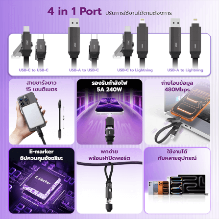 สายชาร์จไนลอนถัก ZTEC ZM430 4-IN-1 สีดำ รองรับชาร์จเร็ว 5A 240W_2